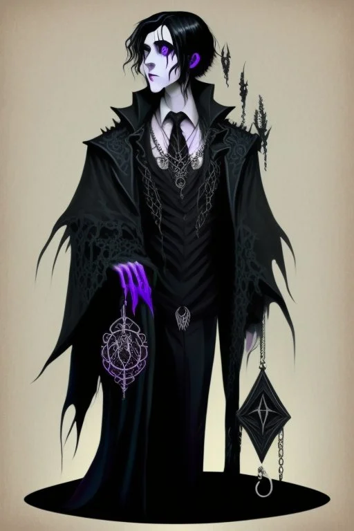 black haired young man necromancer wizard with gothic jewelry in the style of hp lovecraft