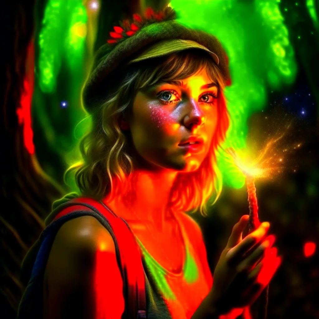 paint splatter, photorealism, a hippie pixie in the underground grove glowing light, in the style of escher, 8k, down-light, soft light, depth of field, photo realism, trending on art station, high detail, smoke and fog