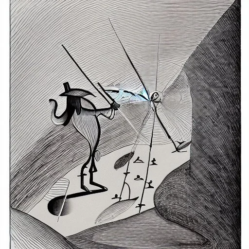 hand drawn in single line by Nicolai Blatter with hatch with parallel wavy lines metal engraving representing the Adventures of Don Quixote de la Mancha in bosch style or salvador dali style