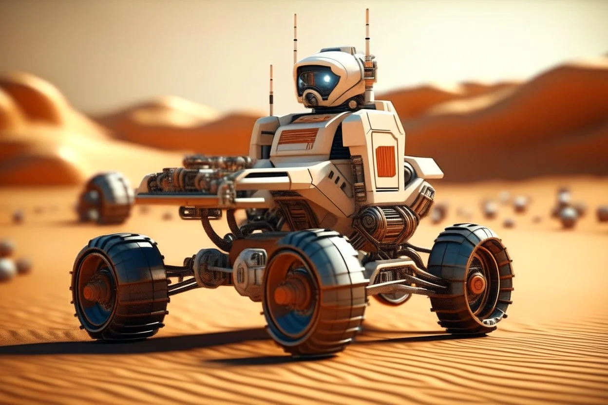 lowpoly storm trooper driving highly symmetric metallic rocket propelled mad max ATV that looks like a helmet with rounded glass bubble roof in red desert, bokeh like f/0.8, tilt-shift lens 8k, high detail, smooth render, down-light, unreal engine, prize winning