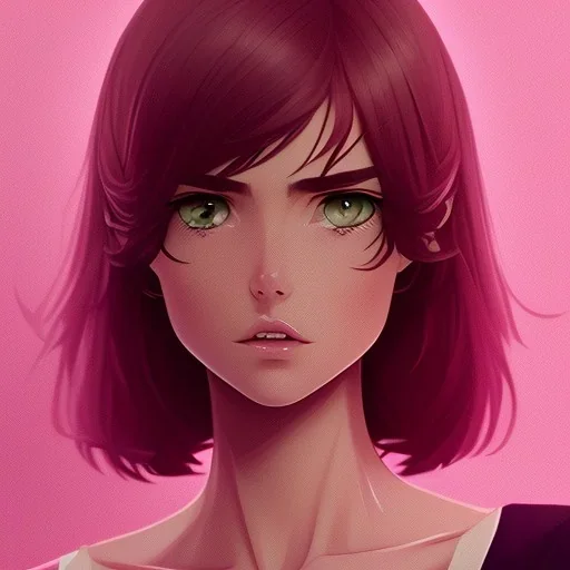 crystal clear blue eyes, and dark pink hair, dot eyebrows, woman, angry expression, pointy ears, long hair