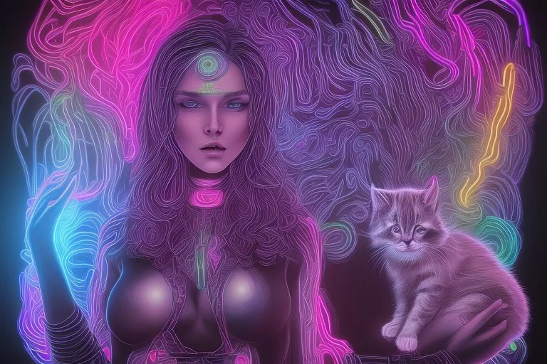 black light art, neon lines, contented brunette woman with fluffy kitten seeking something in the distance