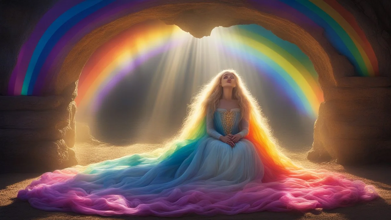 The princess, bound by ropes of shadowy magic, lies sleeping at the feet of the rainbow, her golden locks cascading around her like a veil of sunlight. The vibrant colors of the rainbow arch overhead, casting a surreal glow upon the scene, a stark contrast to the darkness that surrounds her. The princess's face, usually radiant with life and laughter, now bears a look of peaceful serenity in her slumber, as if she is caught in a dream world of her own making. Her sapphire eyes, closed in repose,