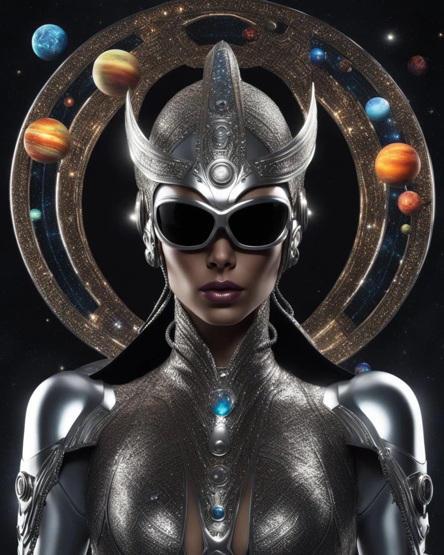 Full body. A captivating and vibrant image of an extraterrestrial being, perfectly suited for a futuristic cover. The alien sports a stunning metal headdress, with intricate designs that perfectly match his elegant silver face. Her retro-style oversized sunglasses are adorned with miniature stars and planets, accentuating her otherworldly charm. Against a dark cosmic void, the background displays a fascinating dance of vivid colors, evoking a sense of movement and cosmic energy.