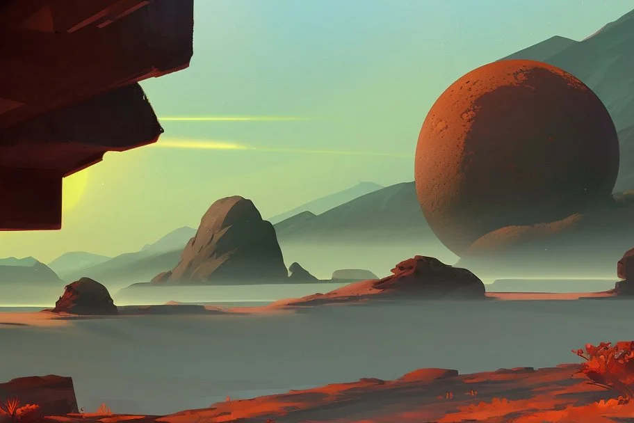 autumn vegetation, one exoplanet in the horizon, big stones, cliff, sci-fi, movie poster style