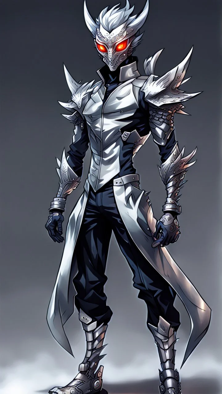 silver skinned anime Dragman cyberpunk with dragon mask in his eyes full body