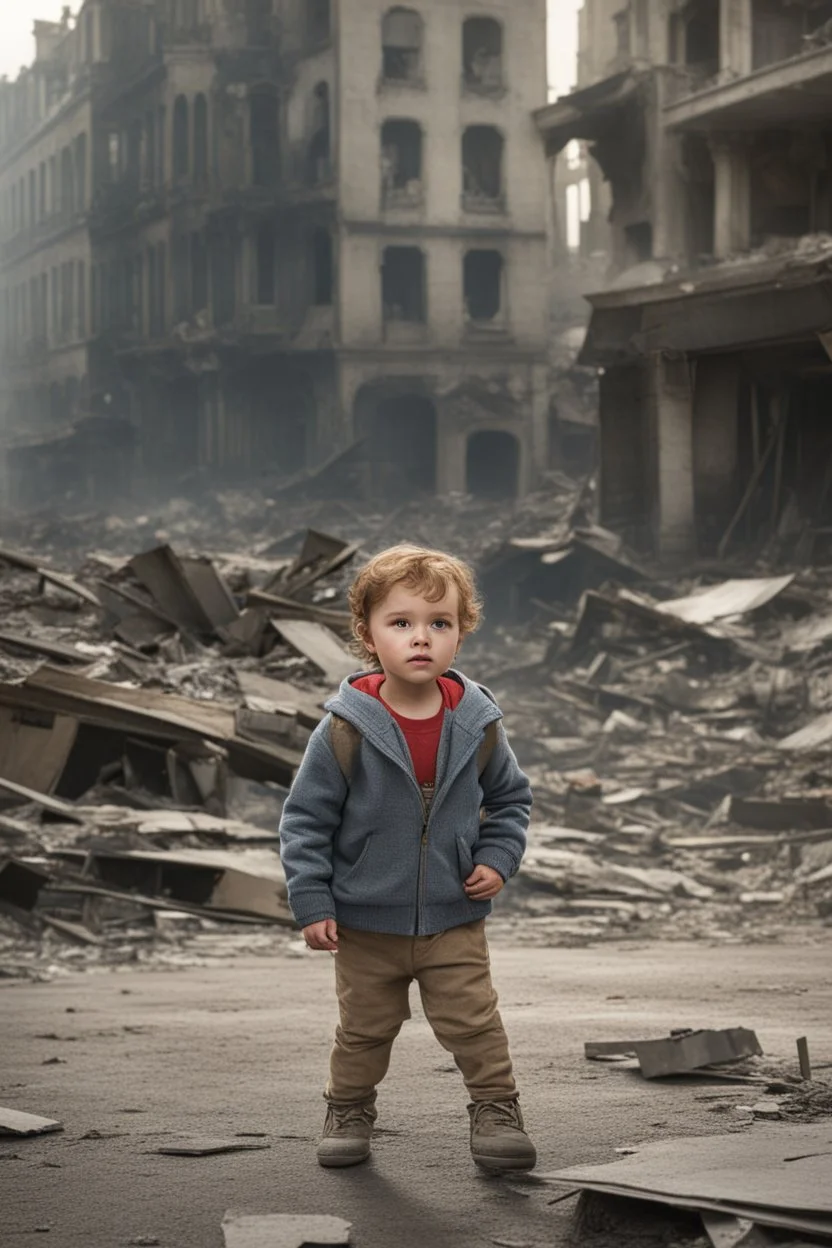 A hyper-realistic,A lone child stands in the middle of a destroyed city, their cries of despair echoing through the empty streets., full size ,Photo Real, HOF, full size, practicality,manufacturability,performance, (((realism, realistic, realphoto, photography, portrait, realistic, elegant, charming, , professional photographer, captured with professional DSLR camera, trending on Artstation, 64k, ultra detailed, ultra accurate detailed, bokeh lighting, surrealism, Thomas Kinkade backgroun