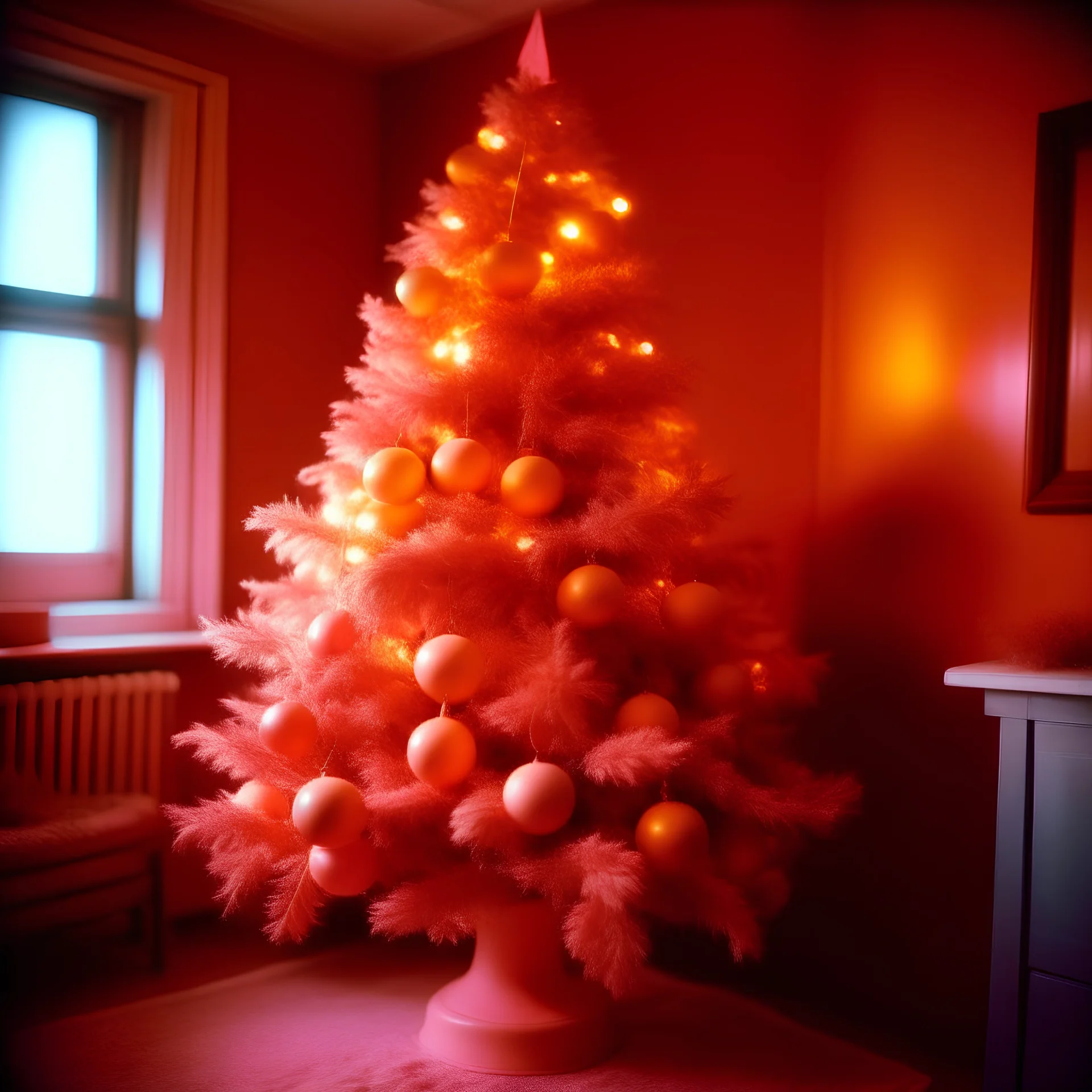 A pink and orange Christmas tree in the style of vintage kodachrome