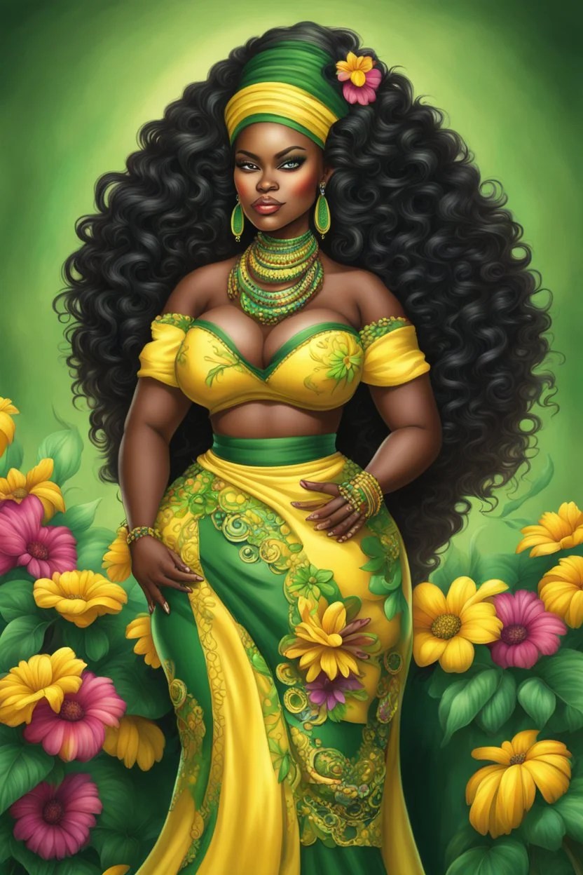 Create a digital airbrush cartoon of a curvy African female wearing Nigeria outfit that's yellow, green and black. Prominent make up with hazel eyes. Highly detailed very long extremely curly black hair. Her skin is smooth and silky. Background of a judge full of colorful flowers