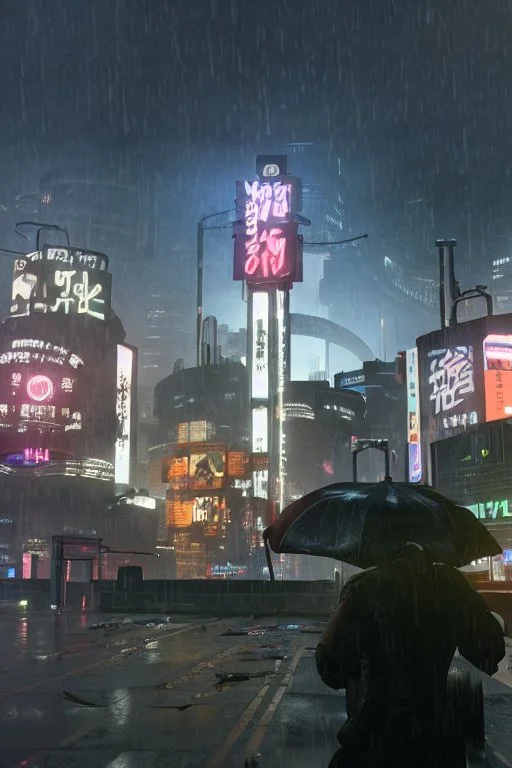 Cyberpunk district with giant foggy skyscarpers, cars, FoV: 100, HD, Unreal Engine 4, heavy rain, rainy streets reflection, neon signs, low contrast, grainy, less color, titanfall,