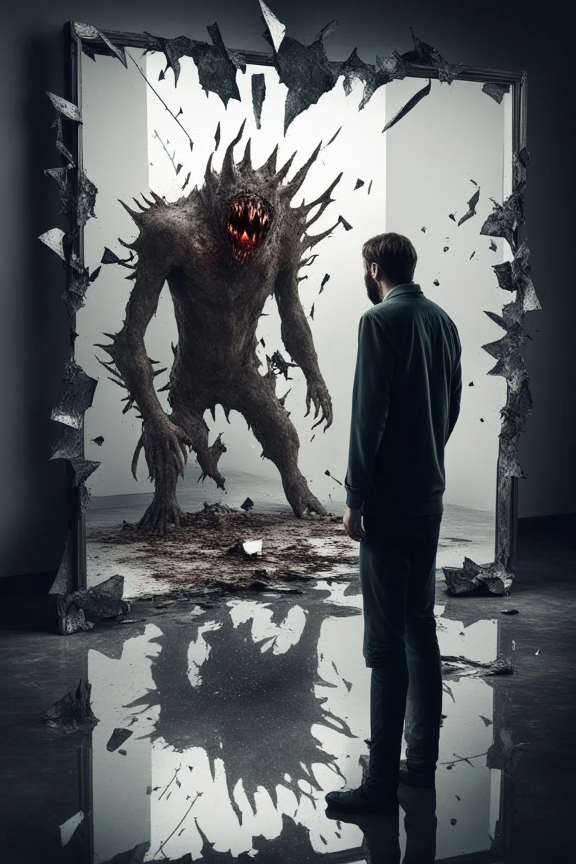 a man looking into a shattered mirror and seeing a horrifying, abstract deranged monster in his reflection