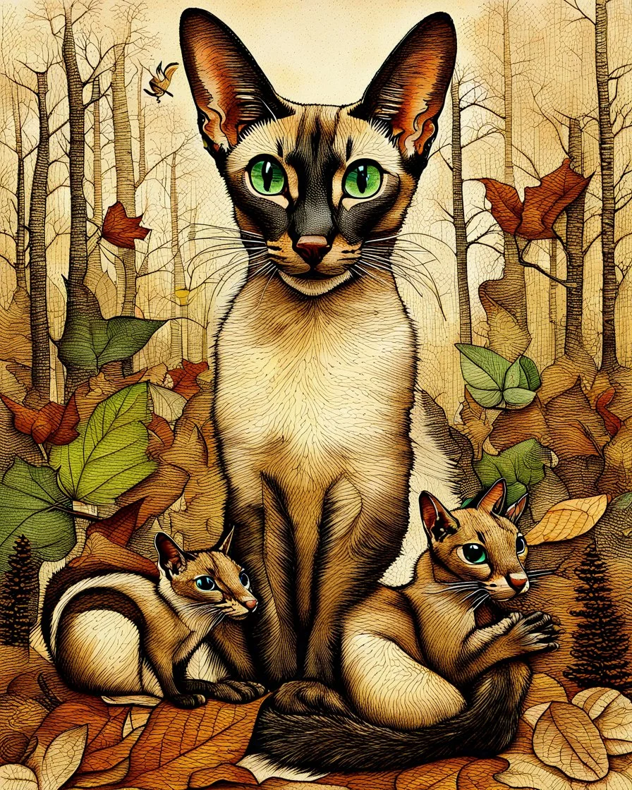 mixed-media picture of an autumn forest, a sitting up Oriental shorthair Siamese cat , with chipmunks and squirrels created in the style of Bohdan Pylypiv — combining pyrography with delicate watercolor accents. The main outlines and facial features are rendered with fine woodburned lines, rich in sepia, black, grey, green and brown tones and texture, pastel colors
