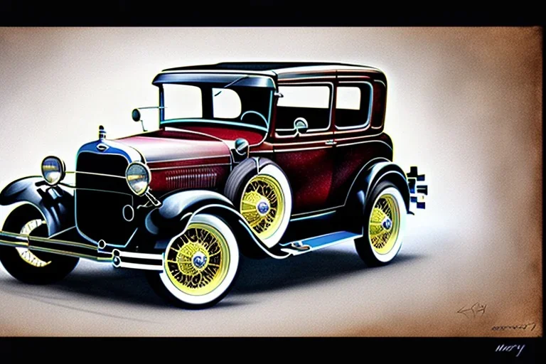 a true-to-life 1928 ford model a sedan, classic wheels, centered, intricate, extreme detailed, photorealism, center view, suburb background, pivot on ford, pen and color marker, painting by cheryl kelley