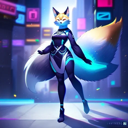 A fox fursona, Furry art, Digital art, cyberpunk, High quality, Backlighting, female, anthropomorphic, full body portrait, 8k resolution, fox tail, Realistic, high quality, great details, within portrait, masterpiece, best quality, cinematic lighting, detailed outfit, vibrant colors, perfect eyes, furry, human body, robotic arm, sfw, robotic, in the style of titanfall, highly detailed face, perfectly drawn