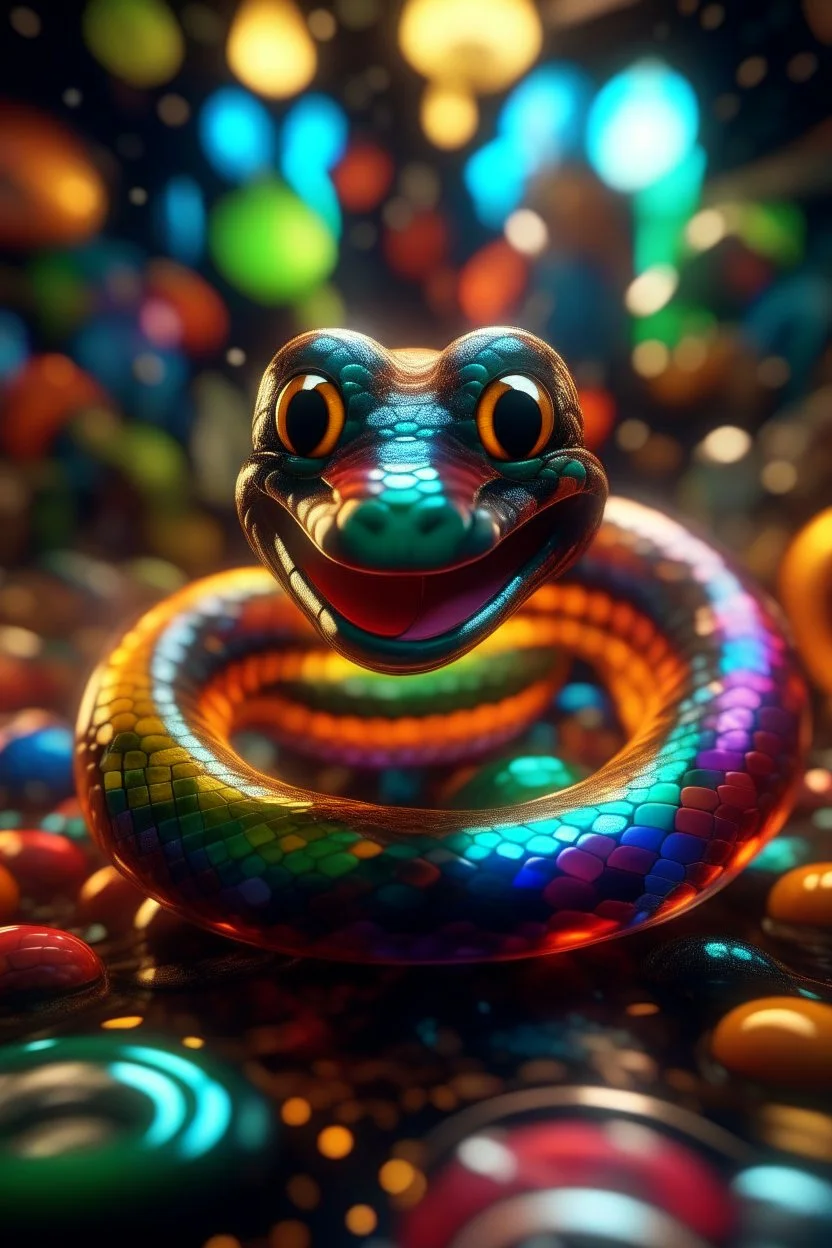 cute snake smiling among a pile of transparent jelly bubbles of weird colors, disco egg made of small mirror, light rayz, feast table ,shot on Hasselblad h6d-400c, zeiss prime lens, bokeh like f/0.8, tilt-shift lens 8k, high detail, smooth render, down-light, unreal engine, prize winning