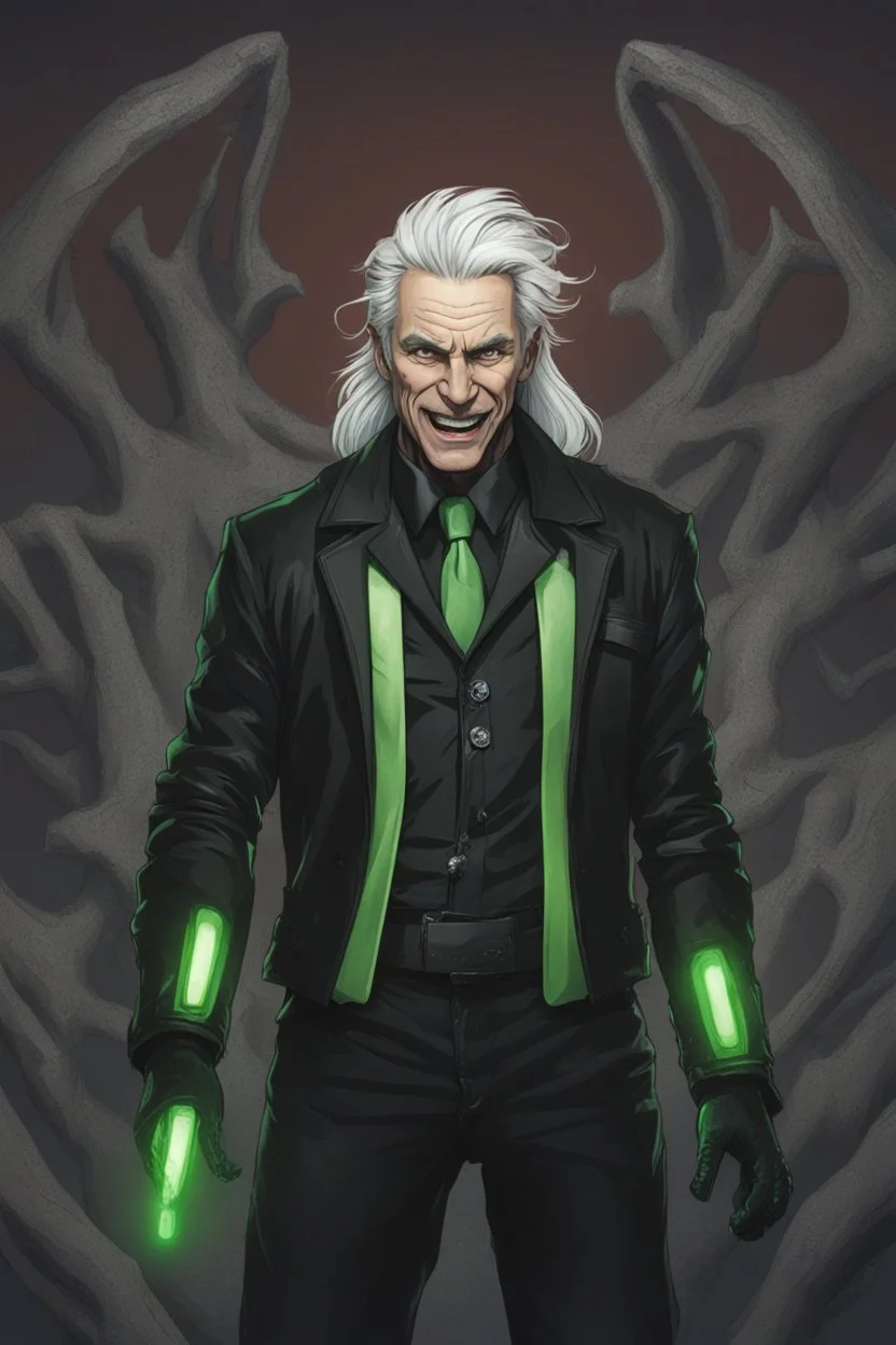 plauge doctor in balck leather clothes with silver hair, pale skin and bright green eyes smiling with sharp teeth