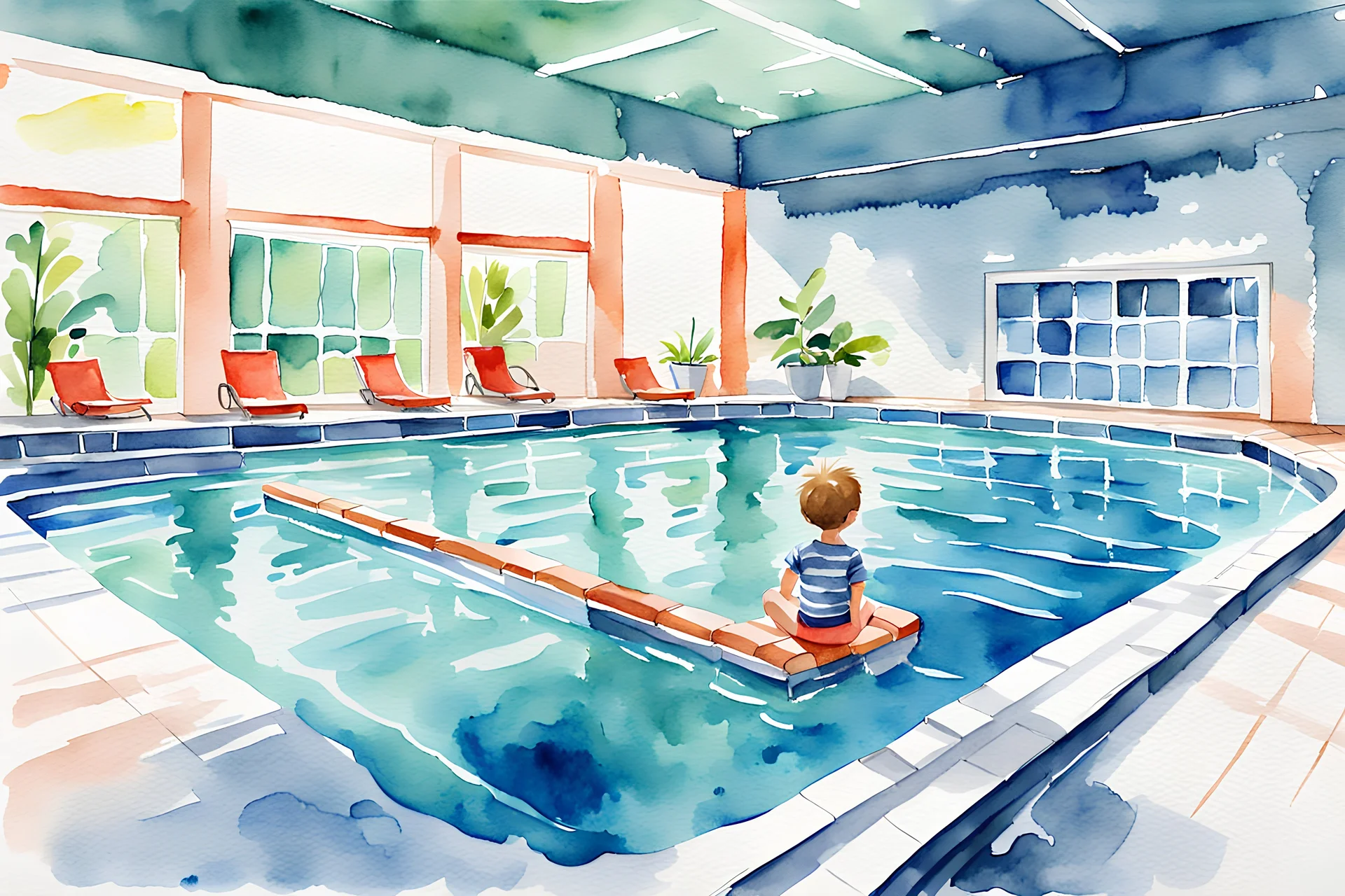 watercolor painting. Pool. indoor swimming pool. Teaching children to swim. Illustration. painting.