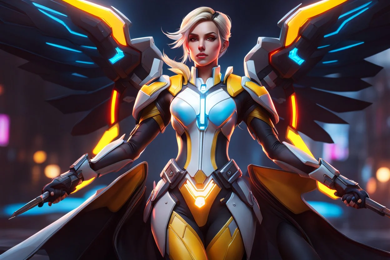 Mercy in 8k realistic cgi drawing style, overwatch them, close picture, rain, neon, intricate details, highly detailed, high details, detailed portrait, masterpiece,ultra detailed, ultra quality