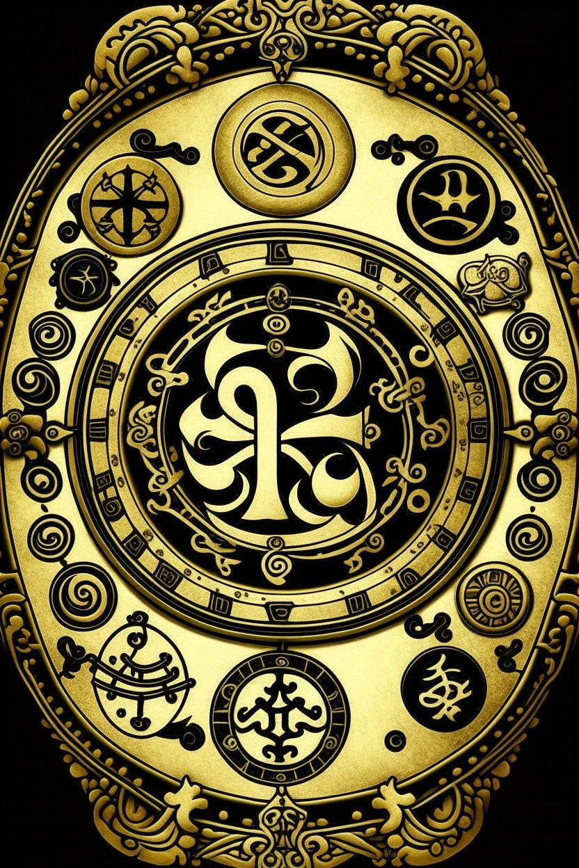 the Latin cross, aum letter, crescent and star, yin and yang, torii gate, khanda, star of david, dharma chakra all merged into one mystical signet