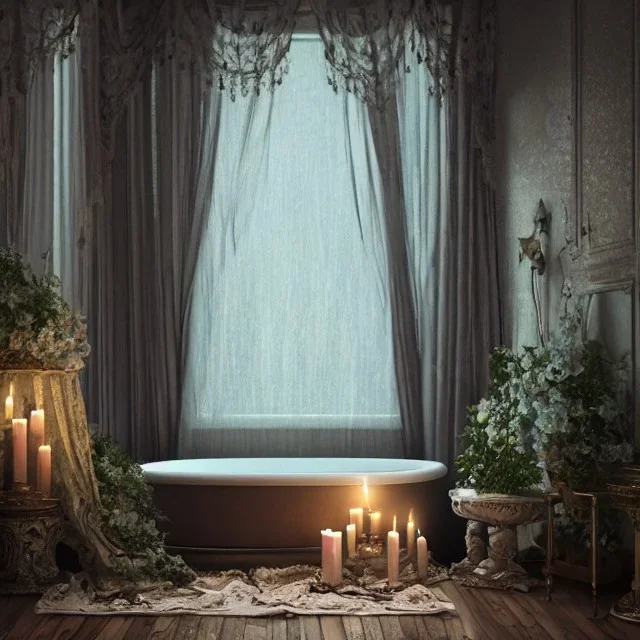 a gorgeous, stunning spa with gauzy curtains, ornate bath, dark wood floor, decorative foliage, candles, flowers, 8k resolution, high-quality, fine-detail, digital art, detailed matte, volumetric lighting, illustration, 3D octane render, brian froud, howard lyon, selina french, anna dittmann, annie stokes, lisa parker, greg rutowski, George Grie, Ben Goossens, Igor Morski