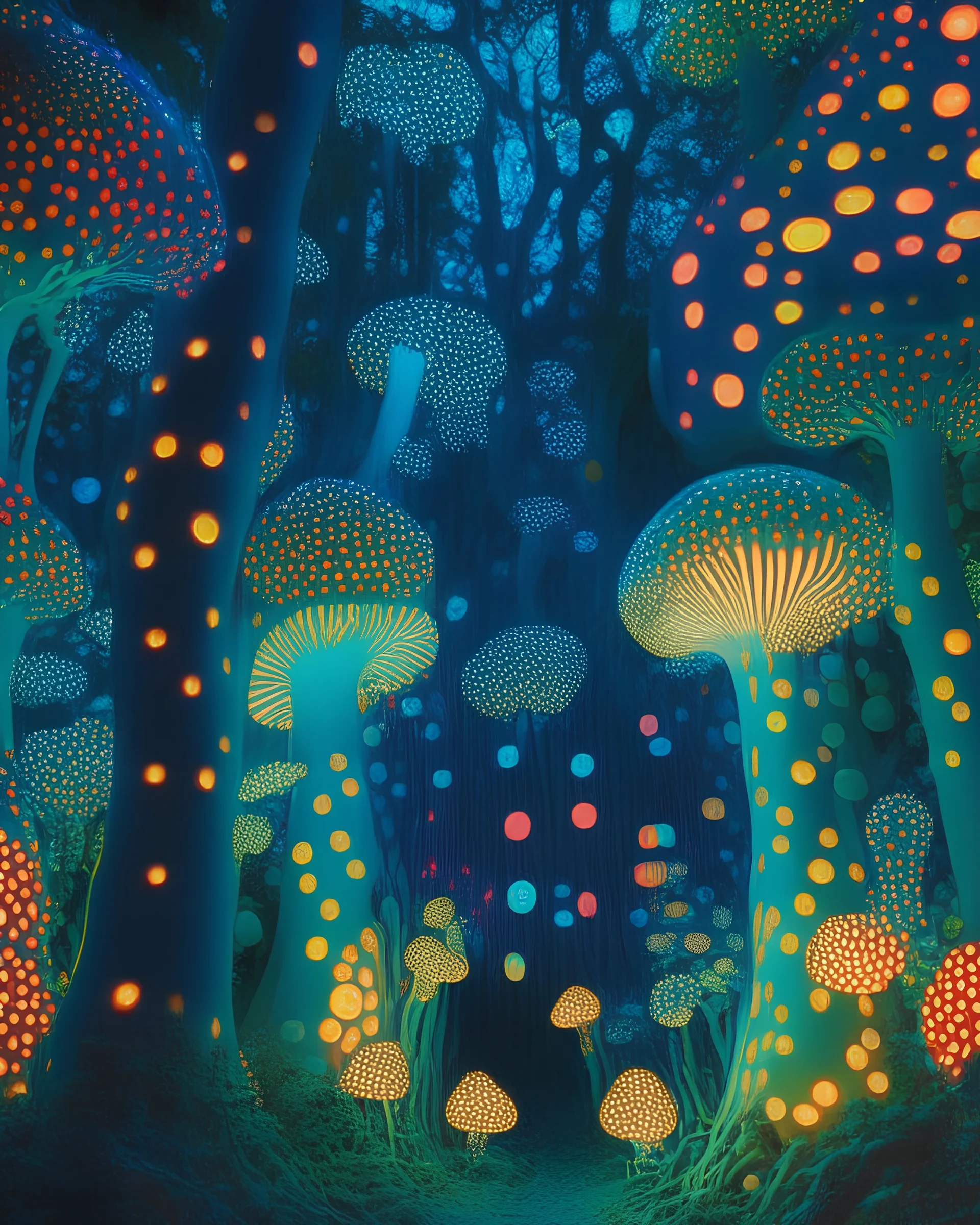 An enchanted forest filled with bioluminescent flora and fauna, casting an otherworldly glow on the surroundings, in the style of phosphorescent art, radiant colors, ethereal lighting, and intricate detailing, inspired by the works of Yayoi Kusama and Noemi Schipfer, evoking a sense of awe and fascination with the natural world.