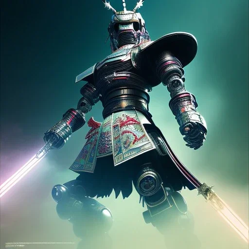 A portrait of a crystalised robot samurai with yakuza tatu, atmospheric, realistic, unreal engine cosmic galactic, cinematic lighting, octane render, random colors, transparent, cosmic ambiance, masterpiece, art by Yoji Shinkawa, composing fit inside, masterpiece