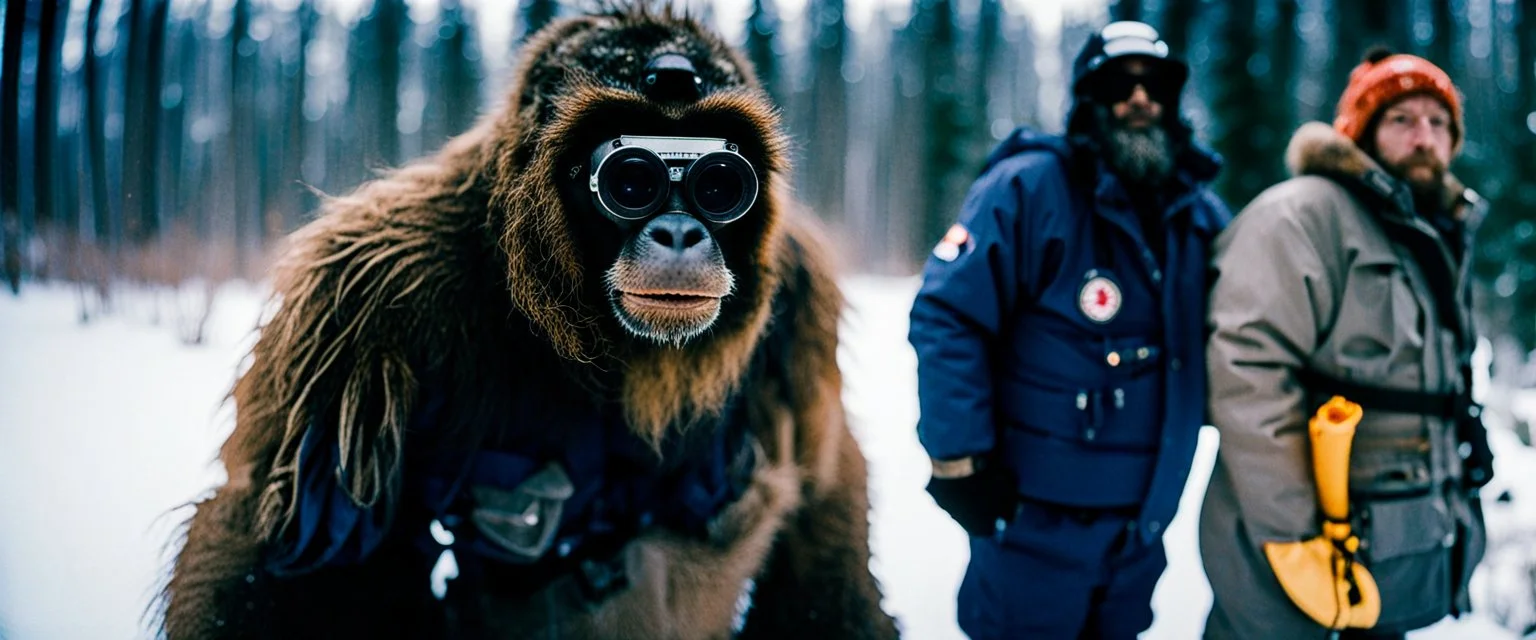 close up documentary photography, Baby Yeti, young curious Bigfoot, scientist, Dystopian, Japanese, Extreme depth of field, bokeh blur, winter, blizzard, Alberta, all-natural, in the style of candid, imperfection, natural lighting, Professional shot, shot on Agfa, Fuji Film, Anamorphic lens, 1990s, --ar 4:5 --w 150 --style raw