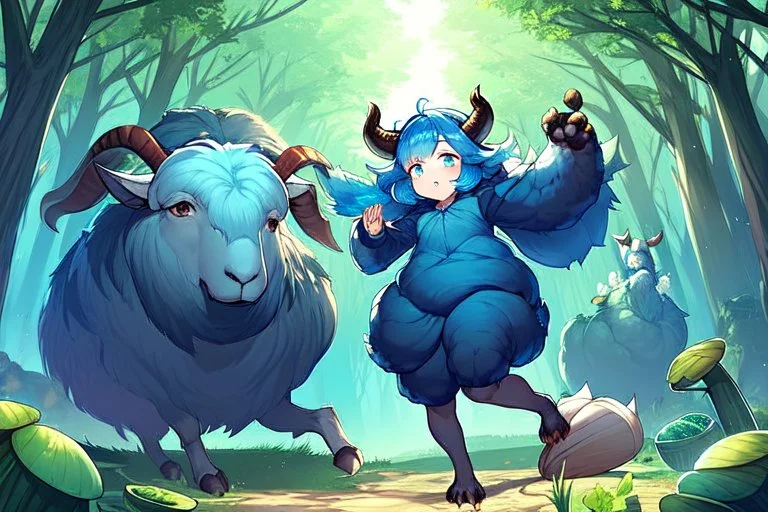 Girl goat horns, blue hair, clearing in forest, goat foot, cabbage in hand , hoof foot