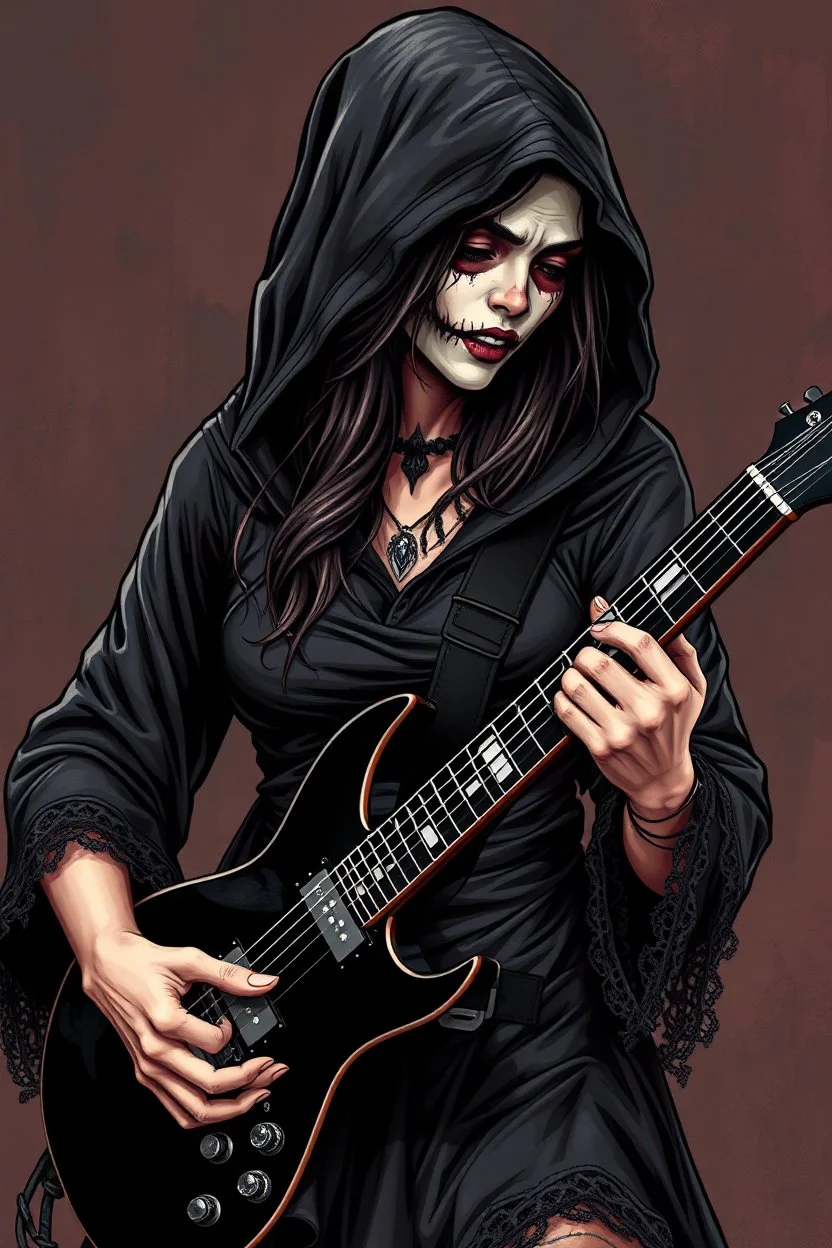 beautiful busty waif woman(wearing a wrinkled dark hoodie with wide sleeves trimmed with lace, skull face paint) playing a black electric guitar with scythe blade at top. heavy metal graphic novel