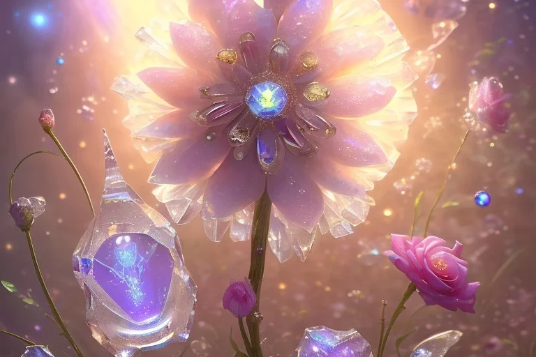 one big crystal subtle flower in a galactic ambiance with a very little beautiful fairy, transparent petals, delicate colors, in the foreground, full of details, smooth, bright sunshine，soft light atmosphere, light effect，vaporwave colorful, concept art, smooth, extremely sharp detail, finely tuned detail, ultra high definition, 8 k, unreal engine 5, ultra sharp focus