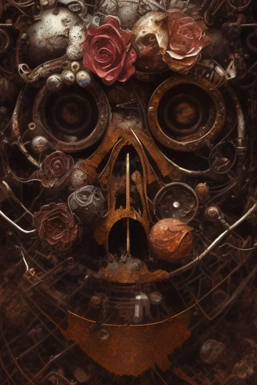 an abstract painting of rusted metal and flowers, by caravaggio, rust, scaffolding, iron cladding, decay, mixed media, textured, anatomically correct, beautiful perfect face, sharp focus, highly detailed