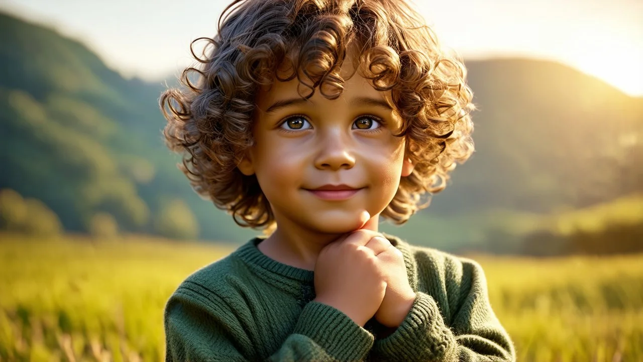 Thoughtful calm happy 2-year-old hobbit boy, curly hair, engaging, confident, peaceful, aware, intelligent, cheeky, showing his head and upper body, perfect eyes, perfect anatomy, exquisite composition, beautiful detailed intricate detailed octane render, 8k artistic photography, photorealistic, soft natural volumetric cinematic perfect light, chiaroscuro, award-winning photograph, masterpiece, raphael, caravaggio, bouguereau