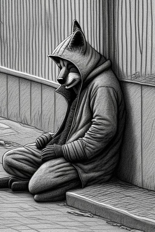 One single mature homeless fox with worn out clothes, sleeping in a corner on the street, Vienna, mourning, model style, hyper realistic, extremely accurate, delicate, extremely detailed, Graphic novel style, wide-angle, open aperture, superfine pencil