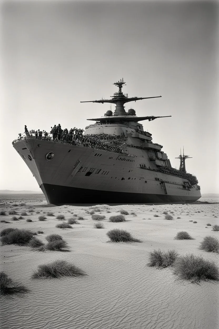 [very impressive high res masterpiece in Kodak Eastman 5247, scene by László Krasznahorkai] a gigantic warship in the middle of the desert, heavily loaded