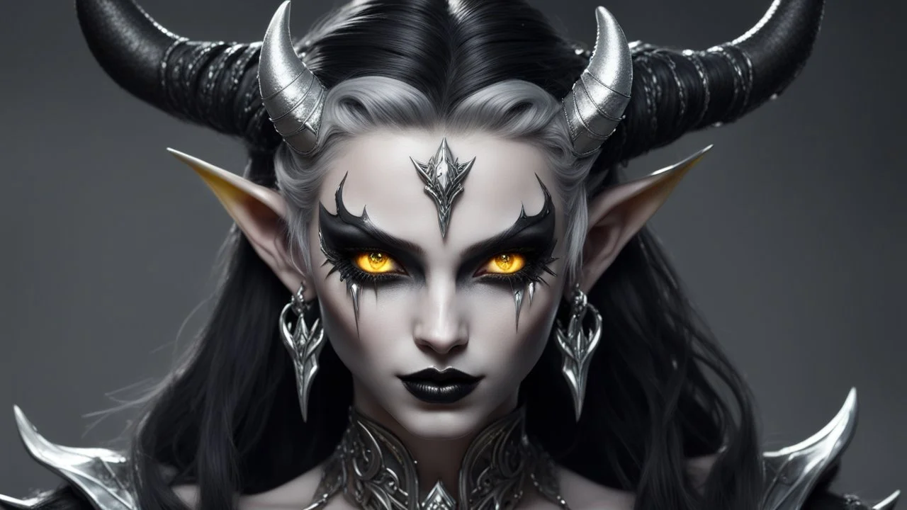 demon, female, big fangs, black hairs, elven ears, white skin, glowing eyes, black horns, yellows eyes, staff. warpoint, black lips, silver earrings, silver necklace, long ears, black makeup, ultra quality, ultra detailed, high details, highly detailed, hard-edge style