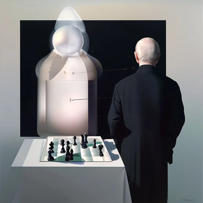 Putin, President Xi Of China And Joe Biden Play Chess With A Pigeon,Ufo And Atomic Bomb Mushroom Cloud,Complex Surgical Instruments Intermixed With A Newborn Boy,Minimalism,Painting By Adrian Ghenie,Rene Magritte,Pablo Picasso,Michelangelo,Salvador Dali,Lucian Freud