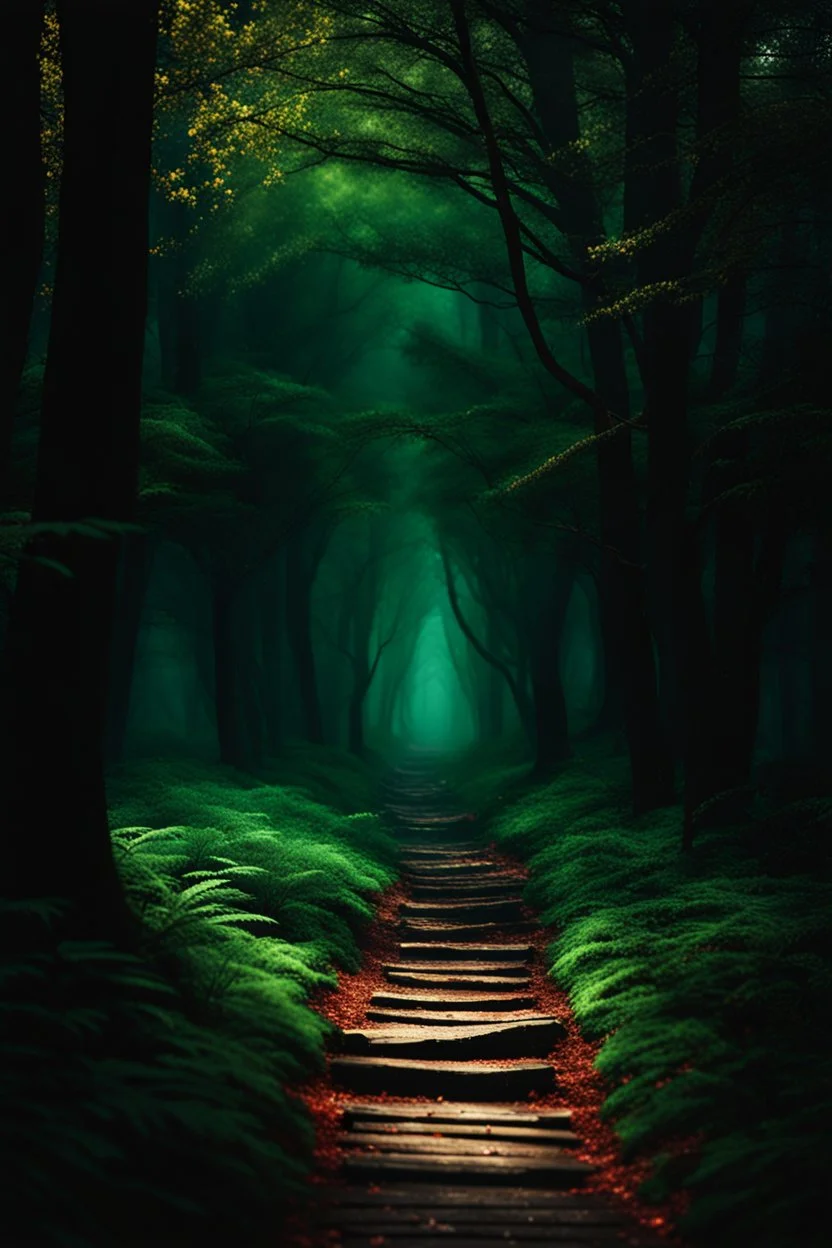 pathway leading into a Dark forest. fantasy