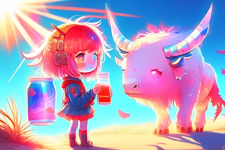 cute chibi holographic girl looking at a red bull animal happily in sunshine