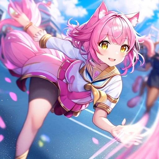 Clear focus,High resolution,High quality, Smiling, Pink long fluffy hair, Pink cat ears, Yellow eyes, Wearing a pink sailor uniform, running