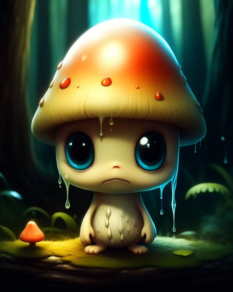 A melancholic creepy kawaii mushroom with a tiny, frowning mouth and big droopy eyes, sitting on a mossy log in a quiet and peaceful forest, lost in its own thoughtsto add personality