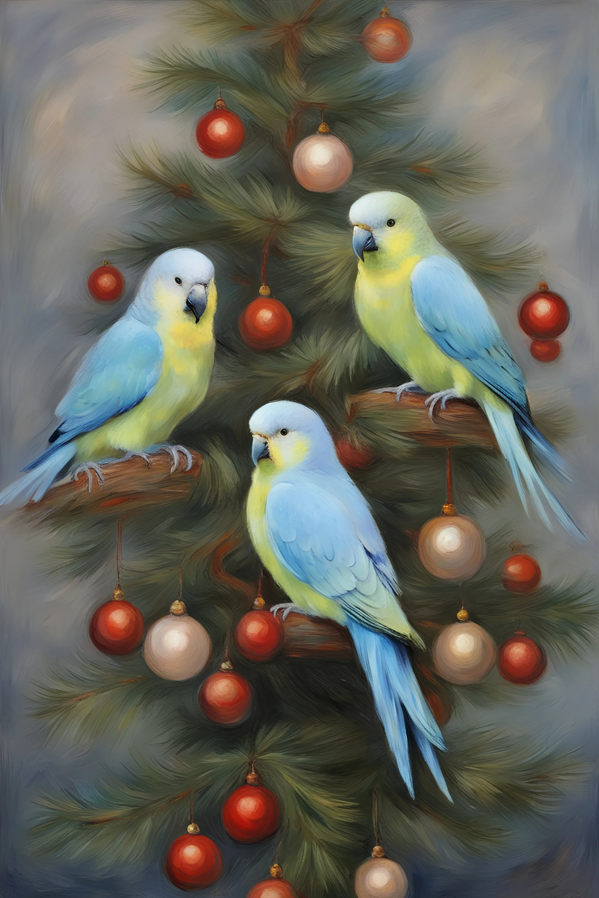 Portrate 5 budgies sitting in a Christmas tree by Monet