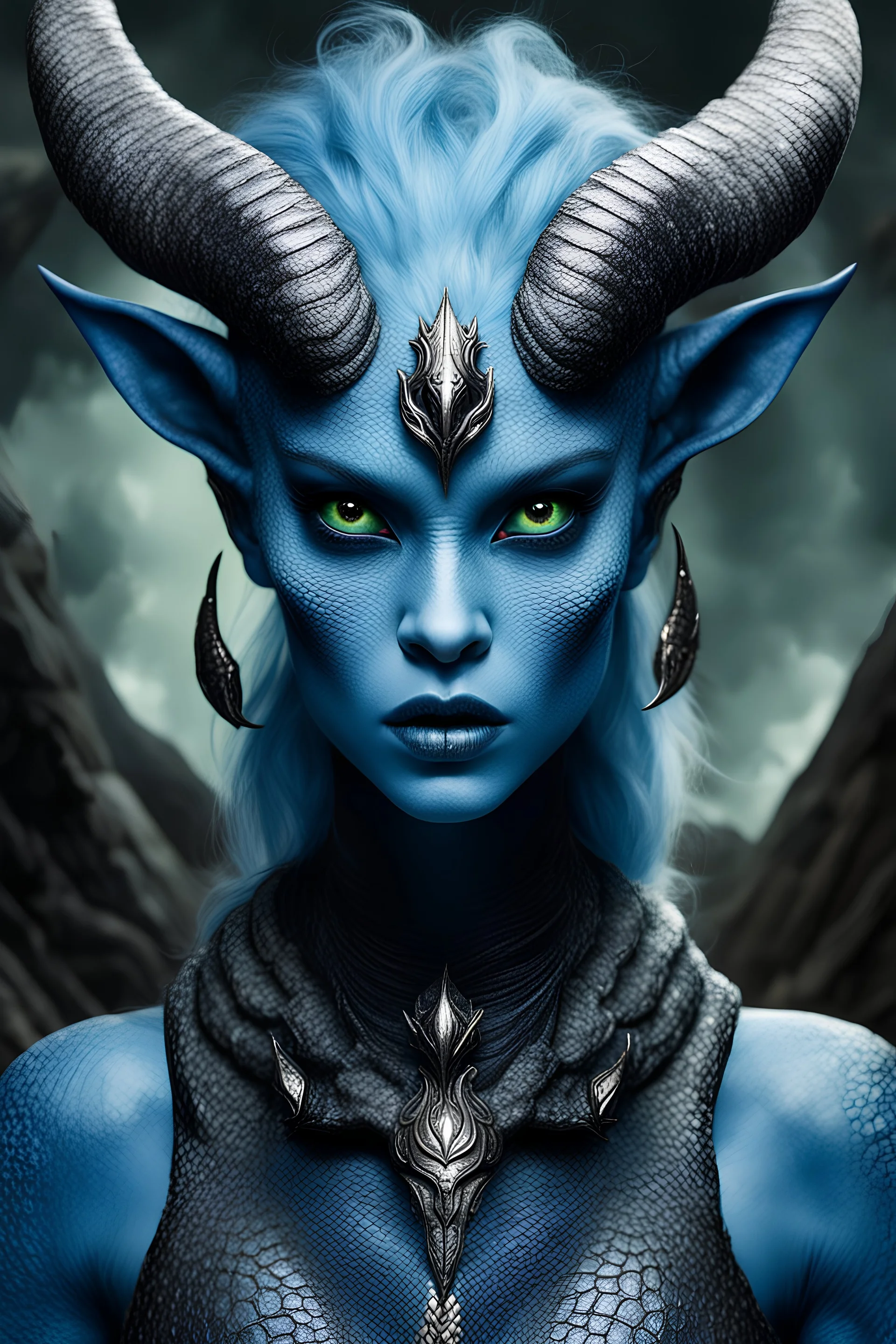 extraterrestrial femine being, blue skin, big black eyes, horns, angry, reptilian mode