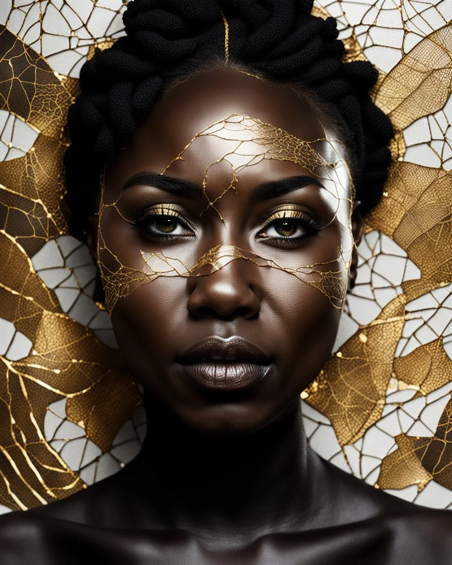 A beautiful black woman's face made with kintsugi seams