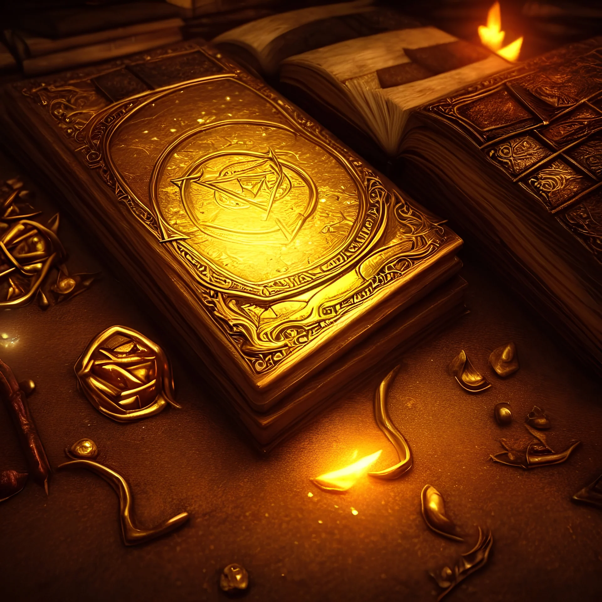 spellbook, magic, spell, short+handle, laying+on+a+table, surrounded+by+books, goldcoins, treasure, cartoon, octane+render, 8k, ultra+highly+detailed, intricate+details, shiny, sparkles,