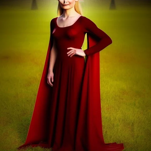 beautiful elf woman, Emilie de Ravin, photorealistic hazel iris, wearing long cape over simple dress, uhd, ambient lighting, 4k, dark background