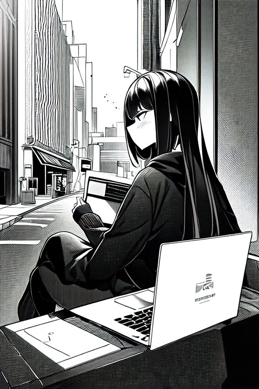 hacker girl use a laptop sitting in a public cafe, line arts, greyscale