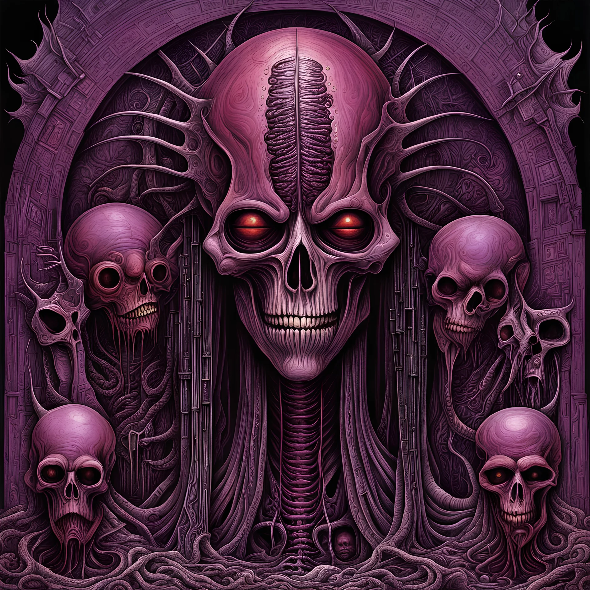 Extinction Level Event, abominations filled with desolation, Stepping on faces of the frail and broken masses, Angelmaker, crimson and purple colors, by H.R. Giger and Arturo Souto and Os Gemeos, Expressionism mind-bending image, sinister, classic surreal horror elements