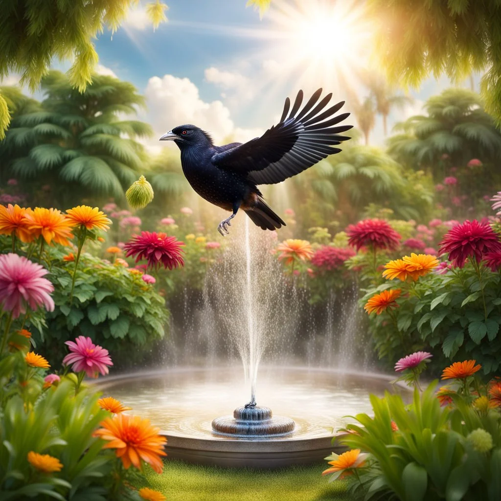 Hyper Realistic photographic-view of a Koel-Bird Flying in a beautiful flower garden with grass-patches & a water fountain with sunlight-rays-behind-clouds showing dramatic & cinematic ambiance