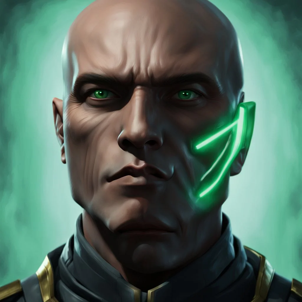 star wars bald male corellian jedi pilot wearing gunmetal grey and black old republic armored robes with gold trim inside the jedi temple holding a lightsaber with viridian green blade in left hand, centered head and shoulders portrait, hyperdetailed, dynamic lighting, hyperdetailed background, 8k resolution, volumetric lighting, light skin, fully symmetric details