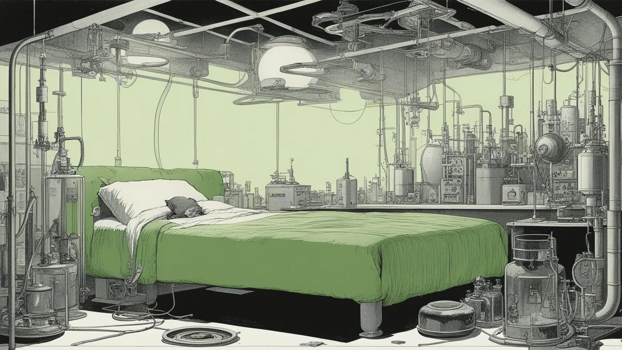 [art by W. Heath Robinson] two smiling green extra terrestrial aliens in their experiment lab in the 60ties, tubes and cables and liquids everywhere, a large bed in the middle